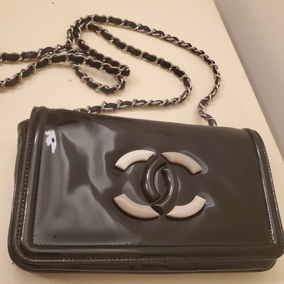 CHANEL Handbags - CHANEL PATENT LEATHER PURSE BAG SILVER BLACK 2013
